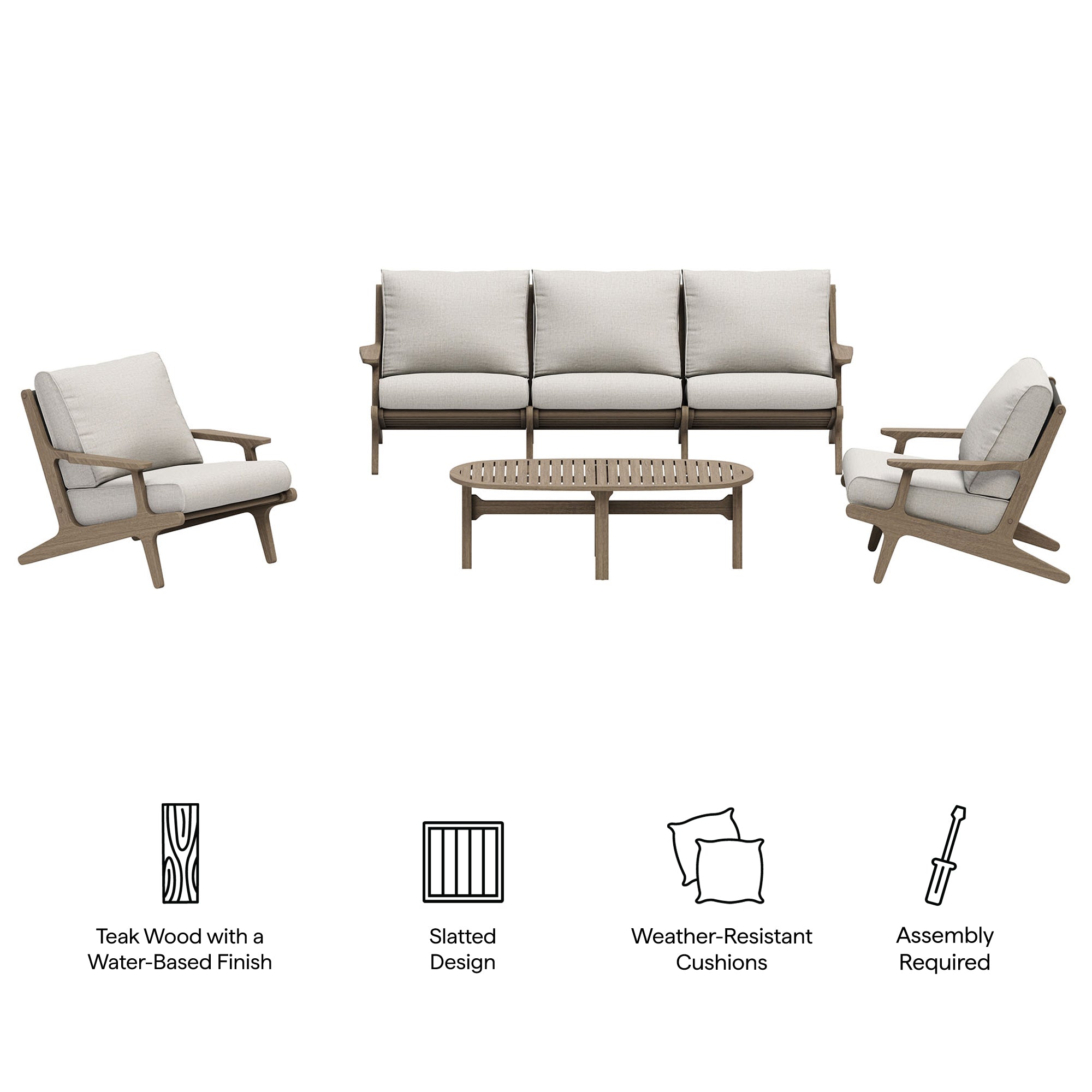 Saratoga 4-Piece Outdoor Patio Teak Wood Furniture Set - Weathered Gray Pebble (Sofa, 2 Armchairs, Coffee Table)