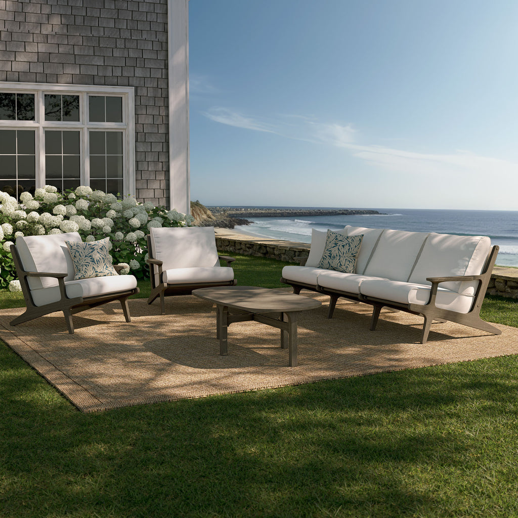 Saratoga 4-Piece Outdoor Patio Teak Wood Furniture Set - Weathered Gray White (Sofa, 2 Armchairs, Coffee Table)
