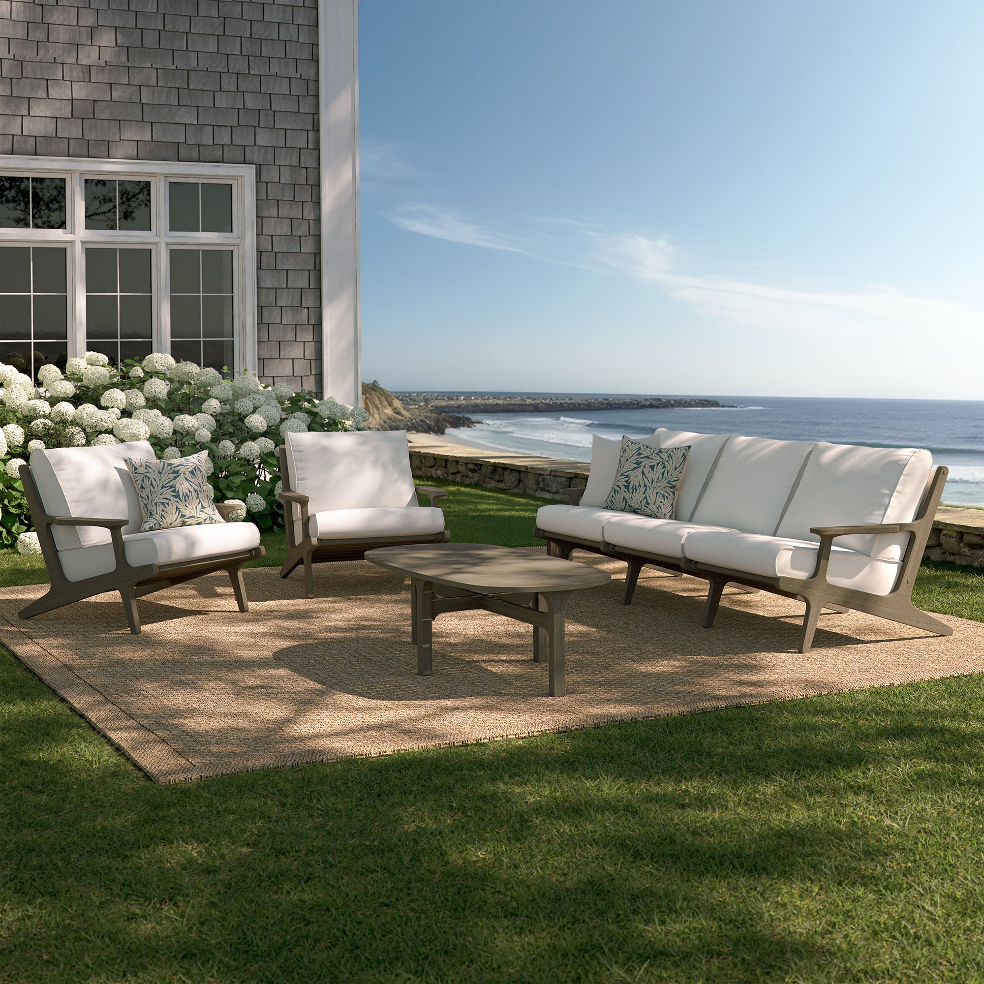 Saratoga 4-Piece Outdoor Patio Teak Wood Furniture Set - Weathered Gray White (Sofa, 2 Armchairs, Coffee Table)