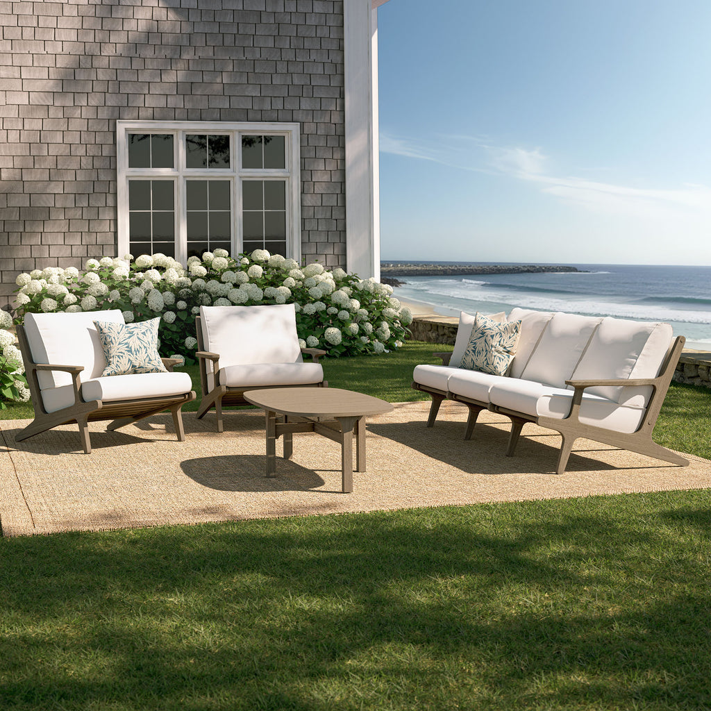 Saratoga 4-Piece Outdoor Patio Teak Wood Furniture Set - Weathered Gray White (Sofa, 2 Armchairs, Coffee Table)