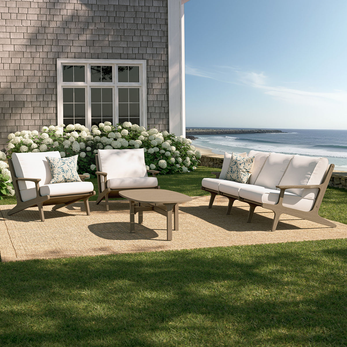 Saratoga 4-Piece Outdoor Patio Teak Wood Furniture Set - Weathered Gray White (Sofa, 2 Armchairs, Coffee Table)
