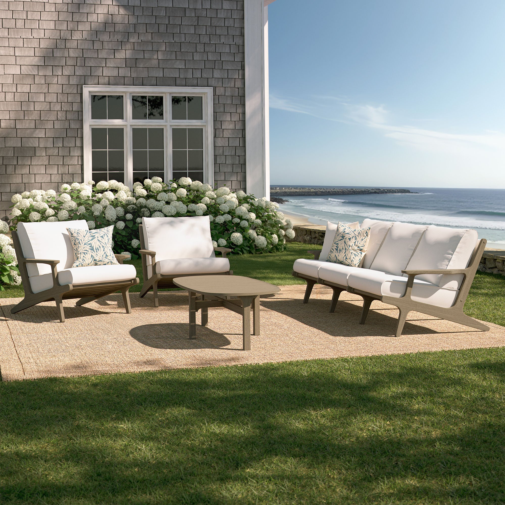 Saratoga 4-Piece Outdoor Patio Teak Wood Furniture Set - Weathered Gray White (Sofa, 2 Armchairs, Coffee Table)