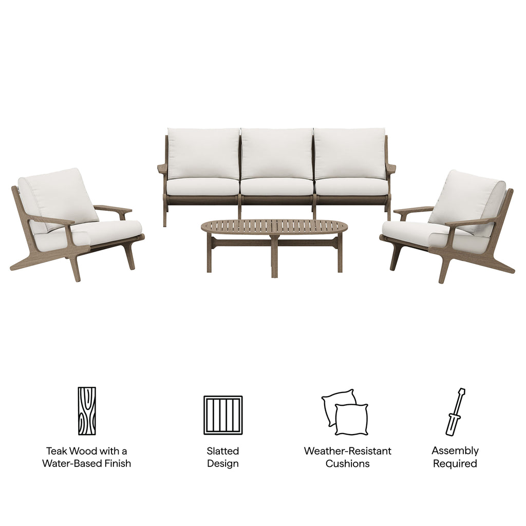 Saratoga 4-Piece Outdoor Patio Teak Wood Furniture Set - Weathered Gray White (Sofa, 2 Armchairs, Coffee Table)