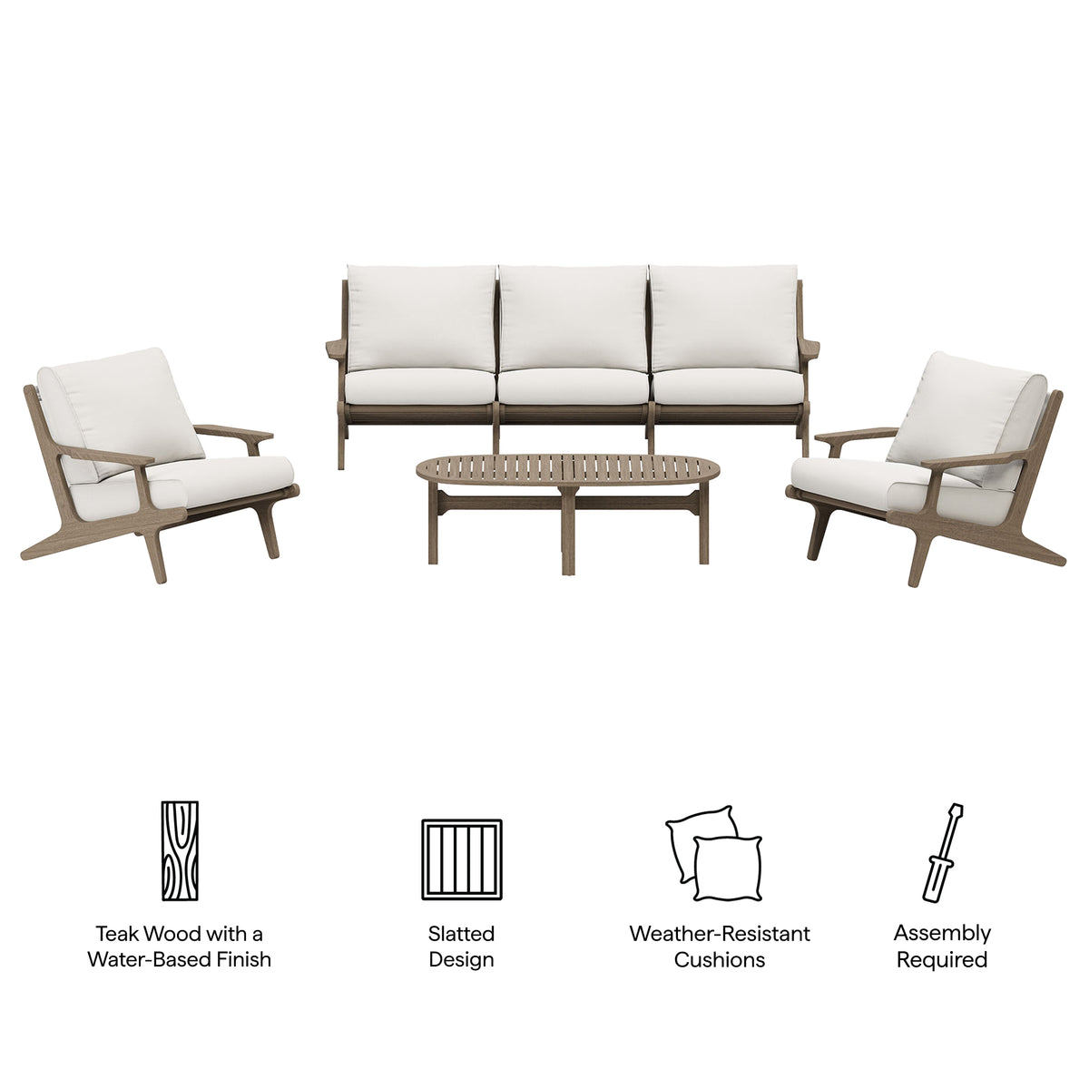 Saratoga 4-Piece Outdoor Patio Teak Wood Furniture Set - Weathered Gray White (Sofa, 2 Armchairs, Coffee Table)