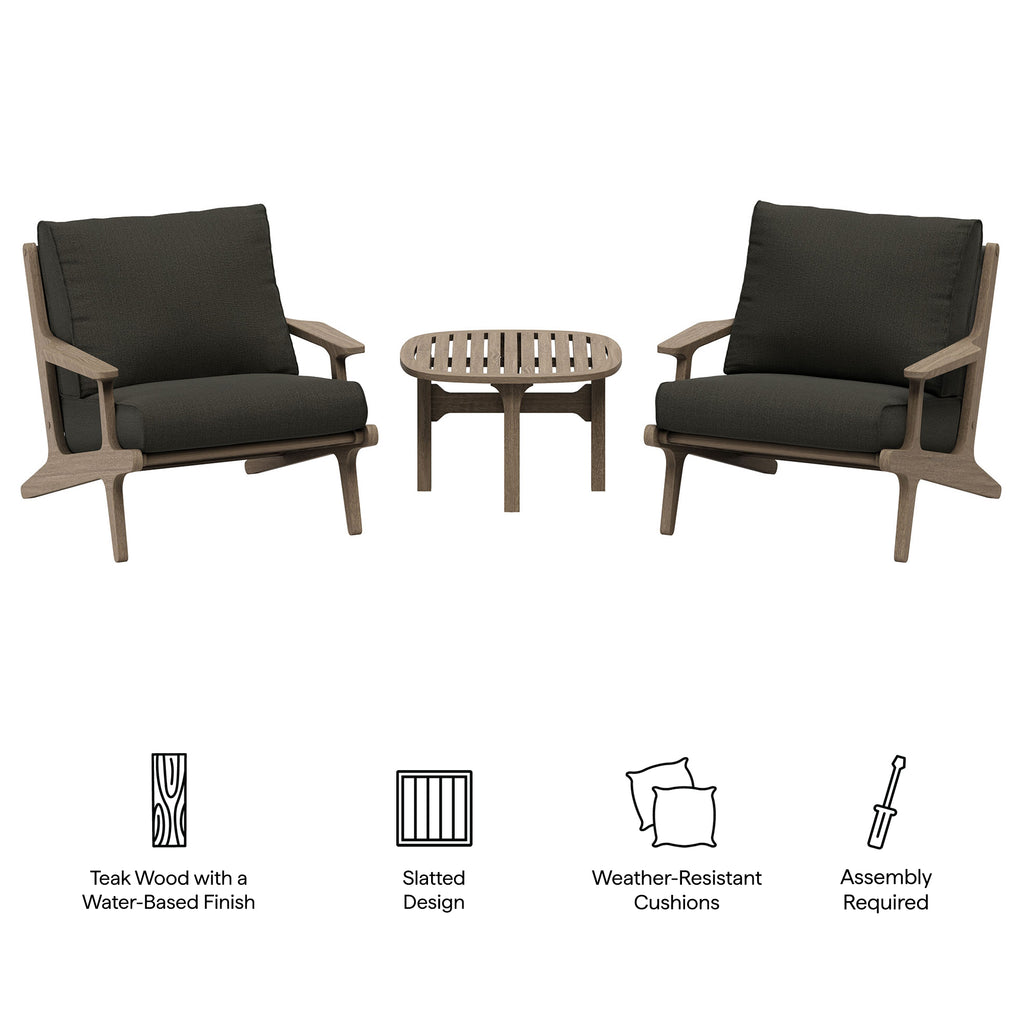 Saratoga 3-Piece Outdoor Patio Teak Wood Furniture Set with Lounge Chairs and Side Table - Weathered Gray Flint