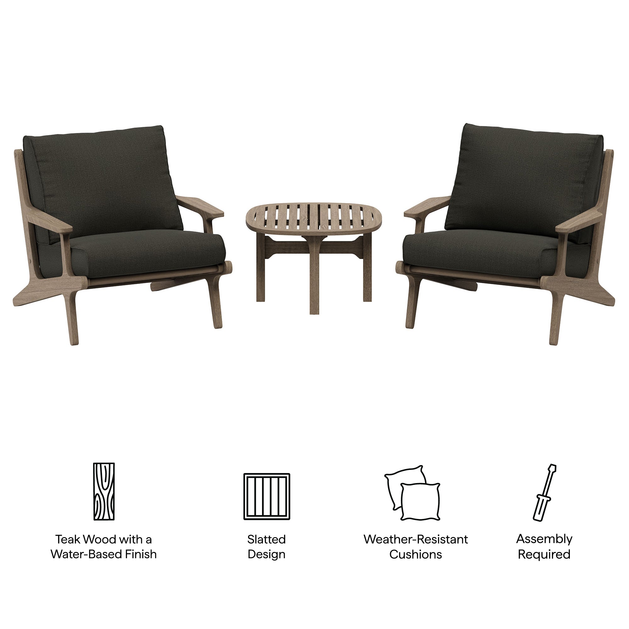 Saratoga 3-Piece Outdoor Patio Teak Wood Furniture Set with Lounge Chairs and Side Table - Weathered Gray Flint