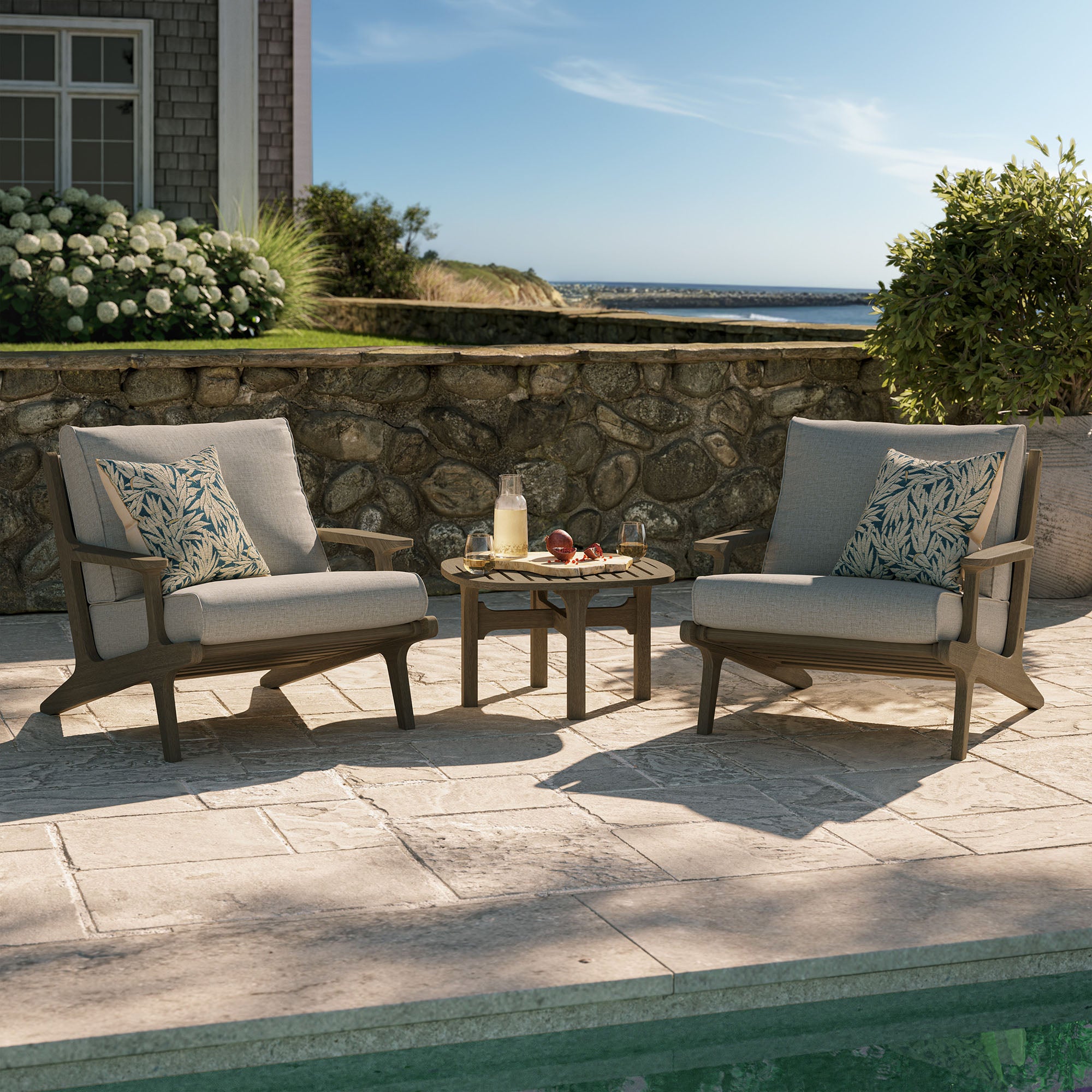 Saratoga 3-Piece Outdoor Patio Teak Wood Furniture Set with Lounge Chairs and Side Table - Weathered Gray Pebble