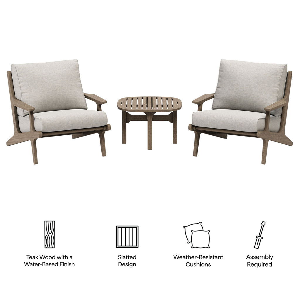 Saratoga 3-Piece Outdoor Patio Teak Wood Furniture Set with Lounge Chairs and Side Table - Weathered Gray Pebble