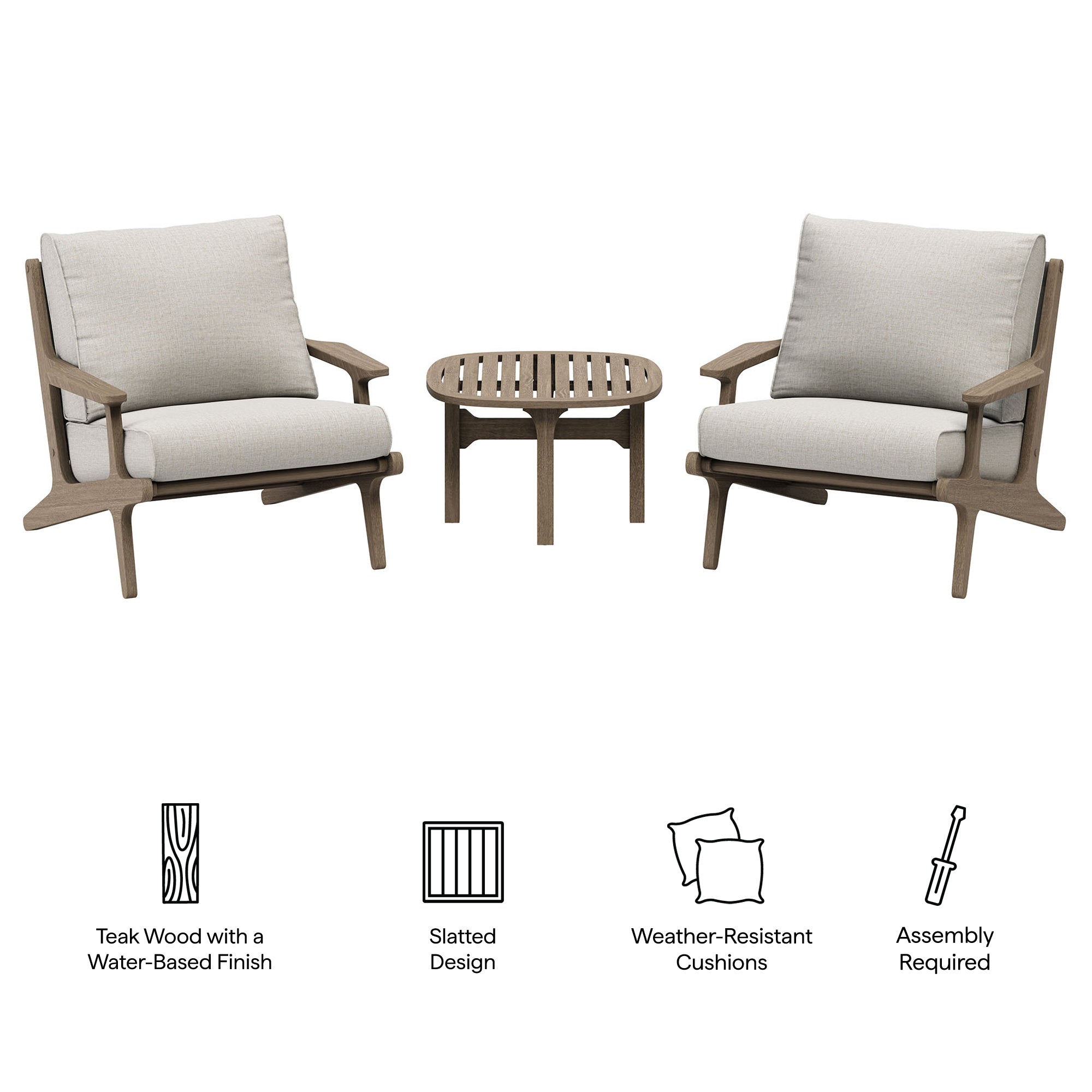 Saratoga 3-Piece Outdoor Patio Teak Wood Furniture Set with Lounge Chairs and Side Table - Weathered Gray Pebble