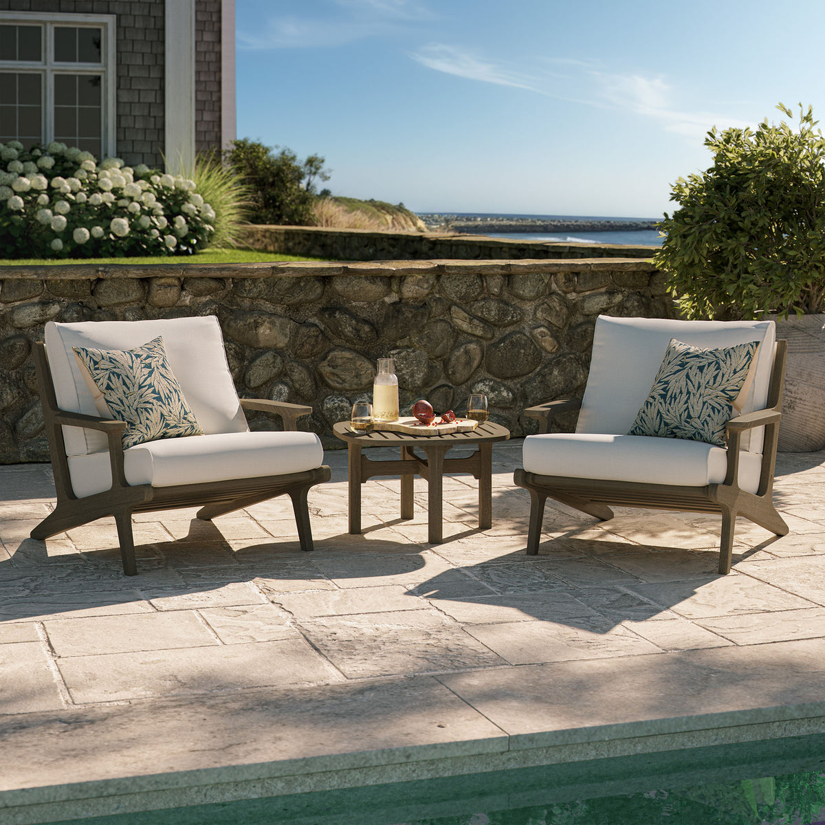 Saratoga 3-Piece Outdoor Patio Teak Wood Furniture Set with Lounge Chairs and Side Table - Weathered Gray White