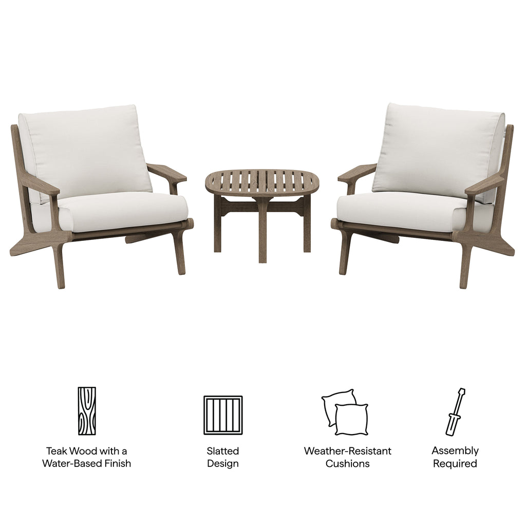 Saratoga 3-Piece Outdoor Patio Teak Wood Furniture Set with Lounge Chairs and Side Table - Weathered Gray White