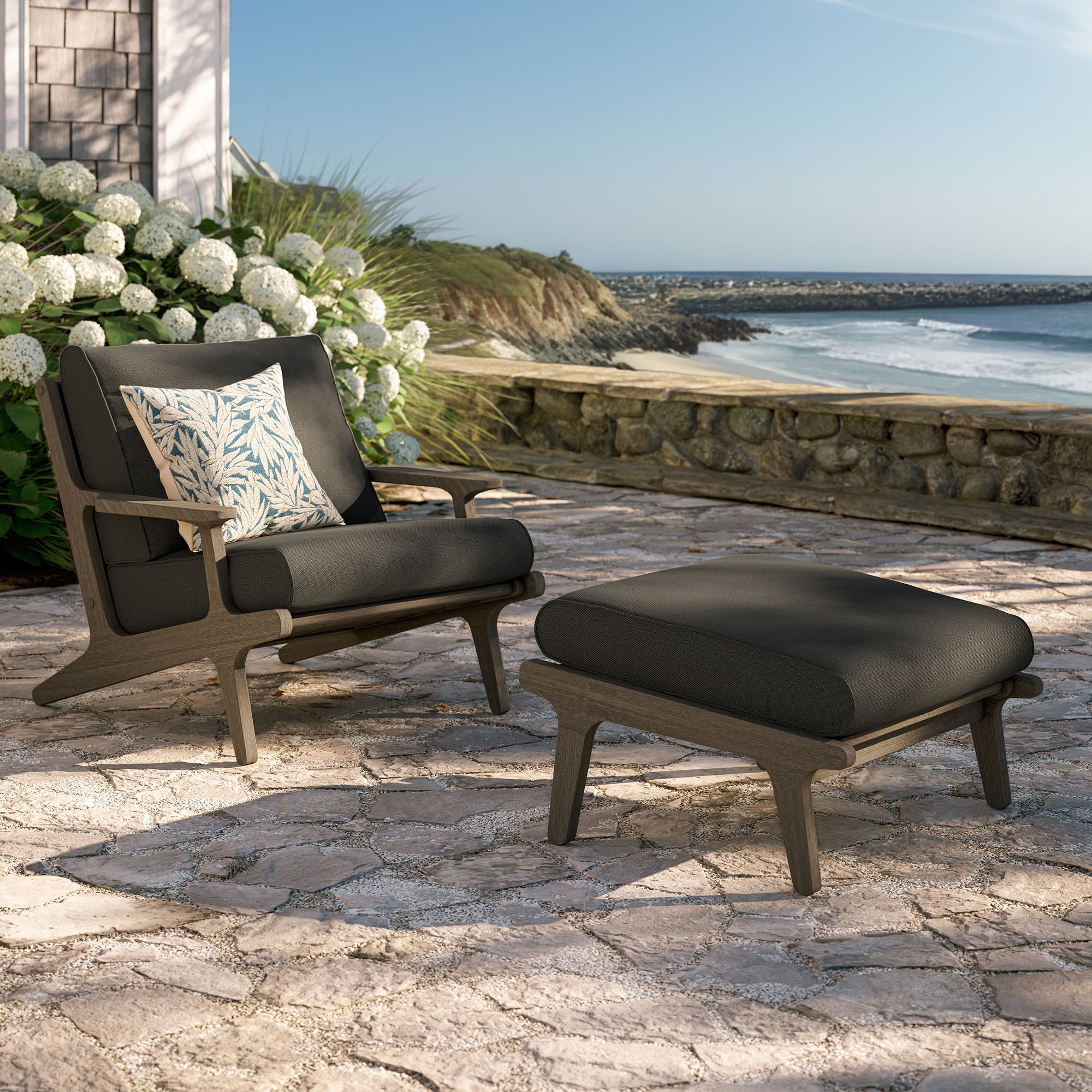 Saratoga Outdoor Patio Teak Wood Chair and Ottoman Set - Weathered Gray Flint