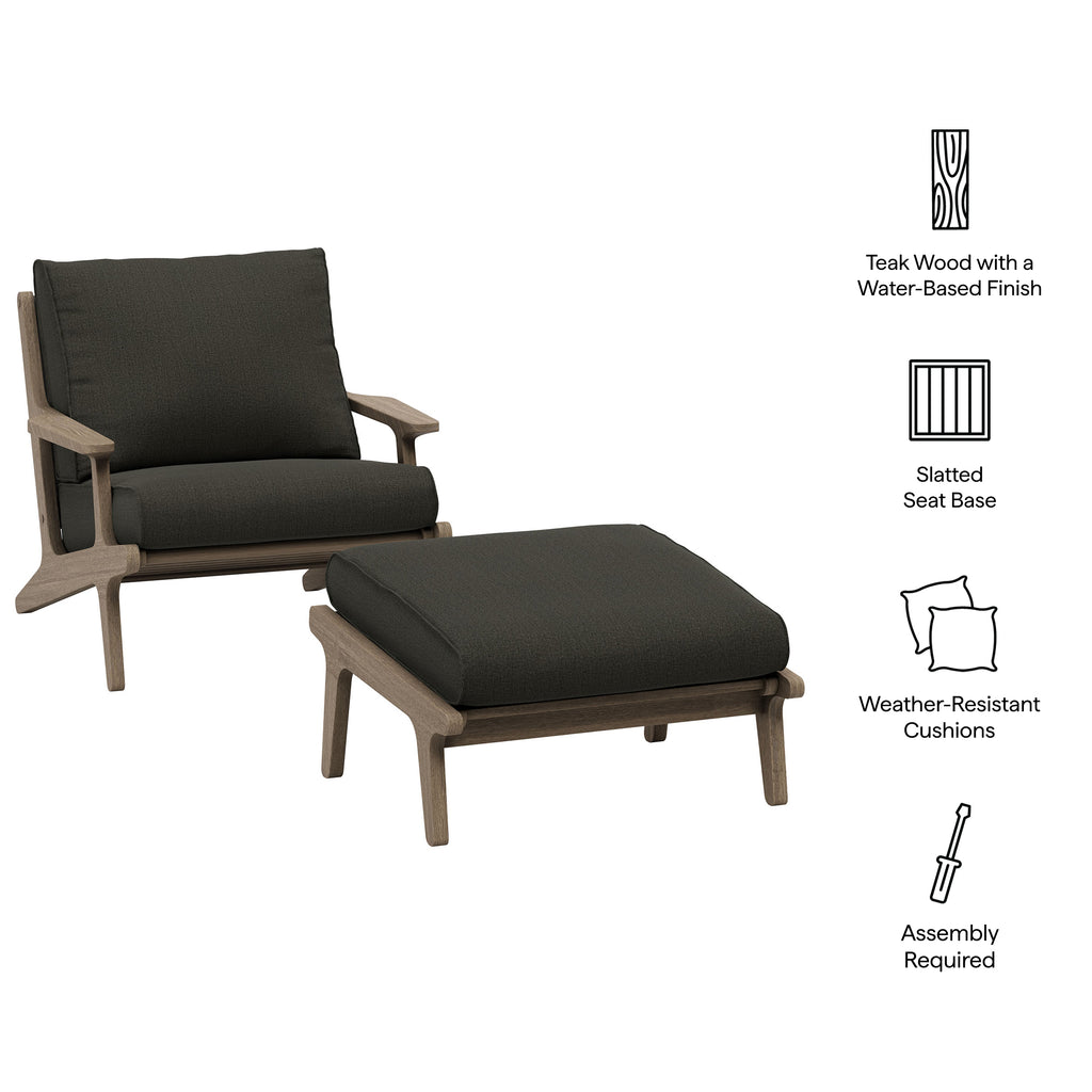 Saratoga Outdoor Patio Teak Wood Chair and Ottoman Set - Weathered Gray Flint