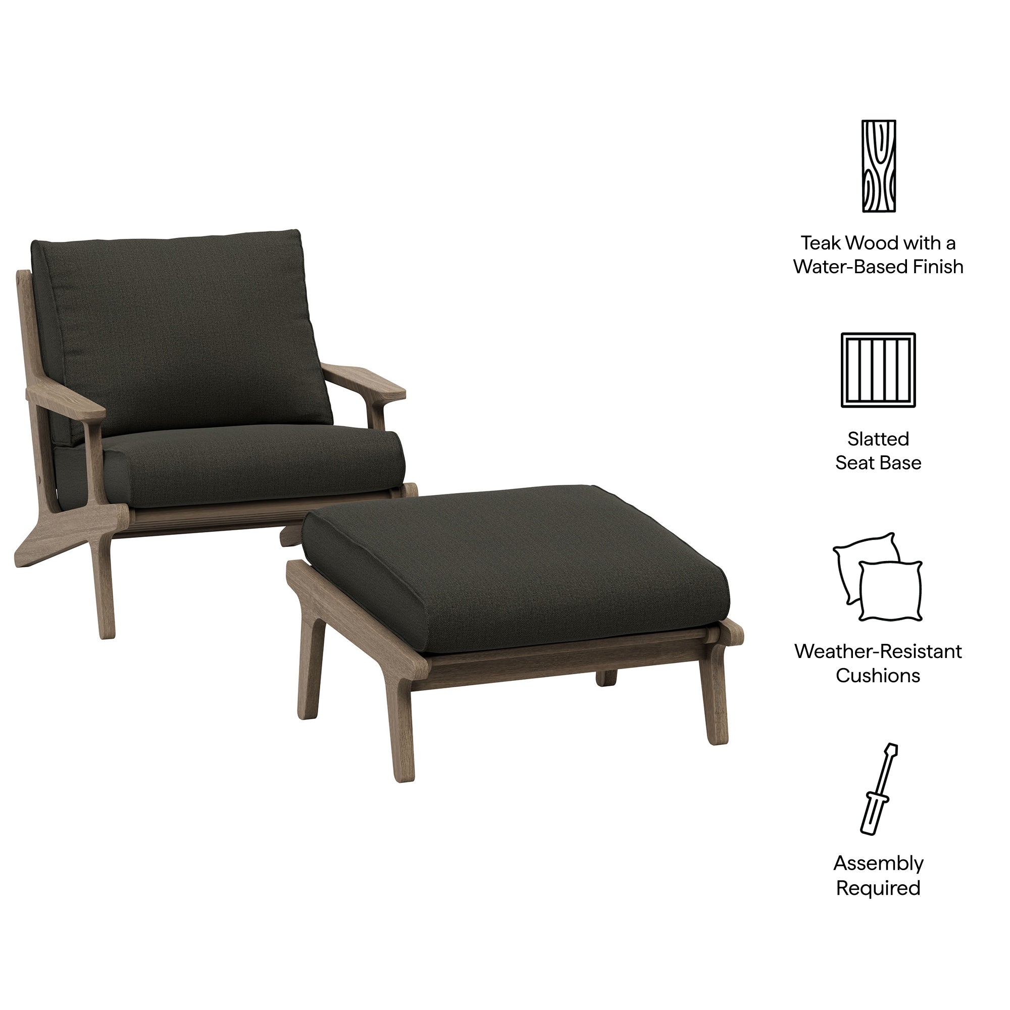 Saratoga Outdoor Patio Teak Wood Chair and Ottoman Set - Weathered Gray Flint