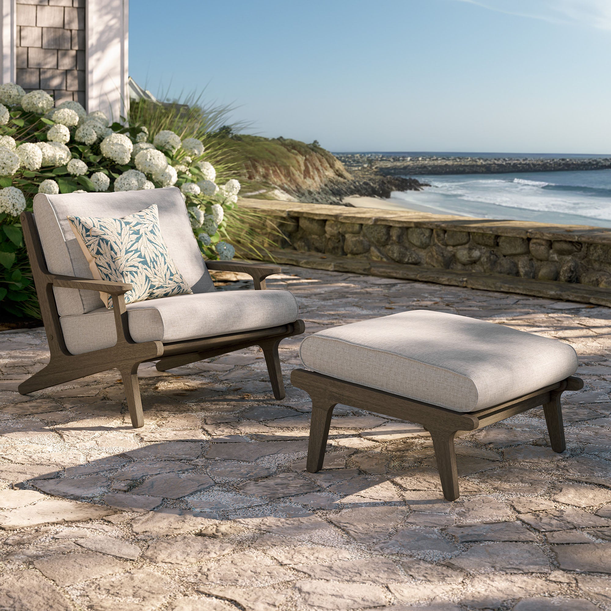 Saratoga Outdoor Patio Teak Wood Chair and Ottoman Set - Weathered Gray Pebble