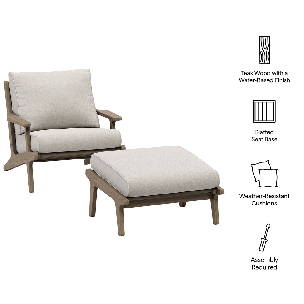 Saratoga Outdoor Patio Teak Wood Chair and Ottoman Set - Weathered Gray Pebble