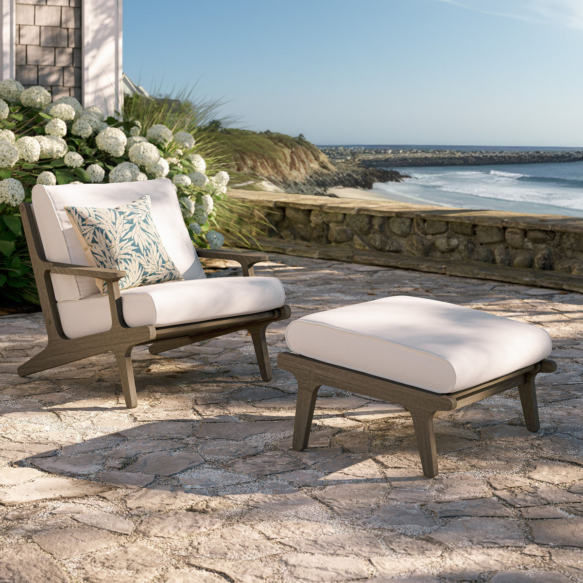 Saratoga Outdoor Patio Teak Wood Chair and Ottoman Set - Weathered Gray White