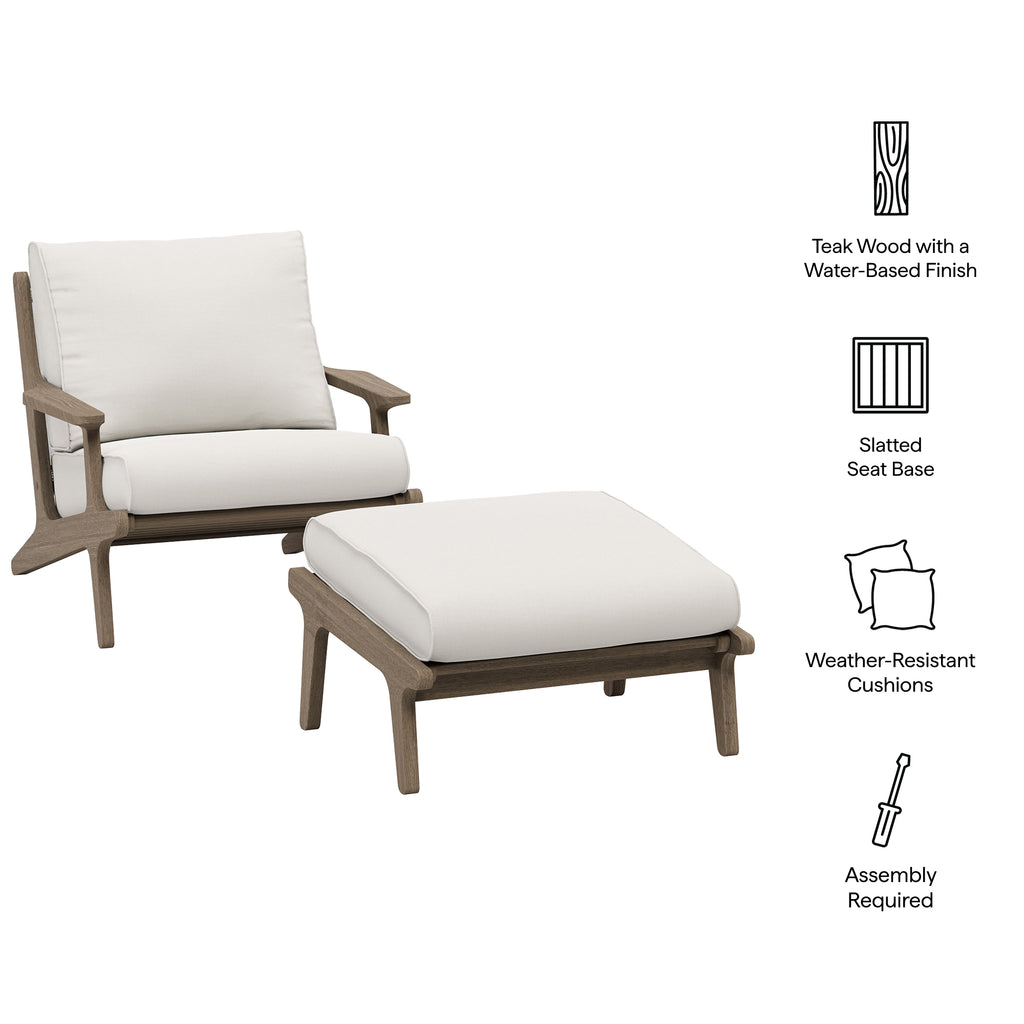 Saratoga Outdoor Patio Teak Wood Chair and Ottoman Set - Weathered Gray White