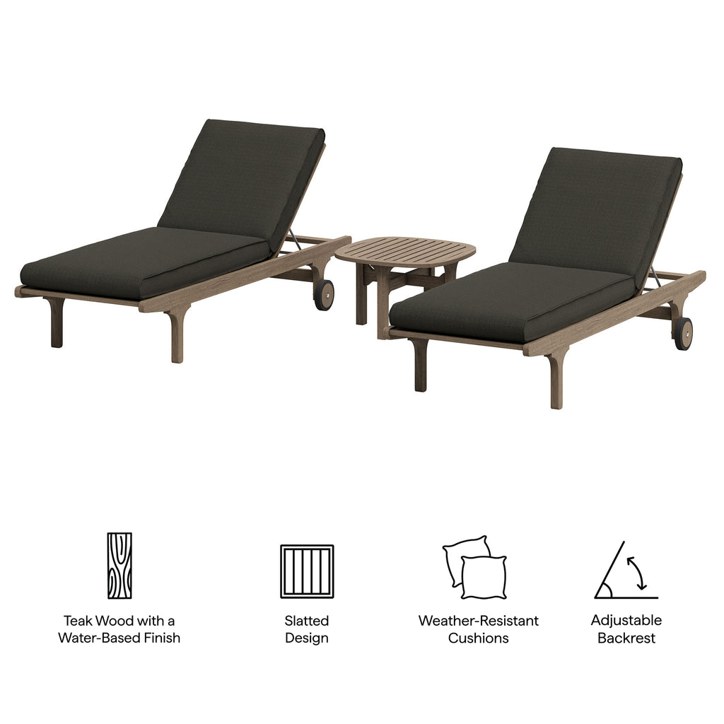 Saratoga Outdoor Patio Teak Wood 3-Piece Chaise Lounge Furniture Set - Weathered Gray Flint