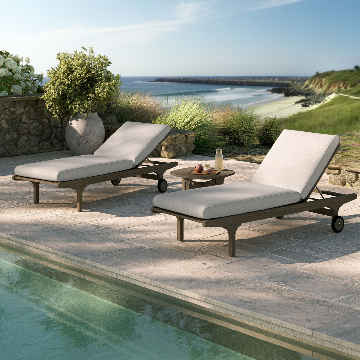 Saratoga Outdoor Patio Teak Wood 3-Piece Chaise Lounge Furniture Set - Weathered Gray Pebble