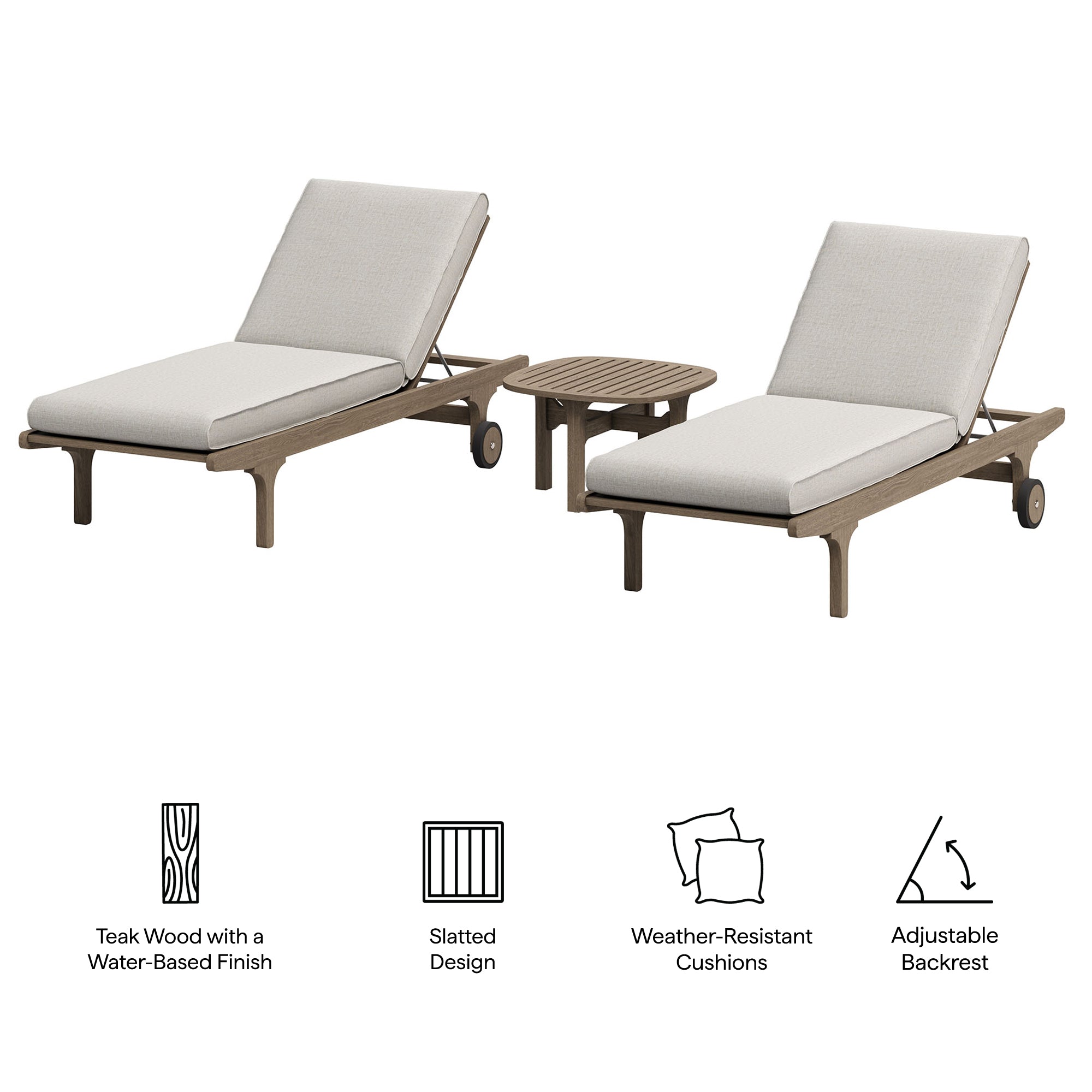 Saratoga Outdoor Patio Teak Wood 3-Piece Chaise Lounge Furniture Set - Weathered Gray Pebble