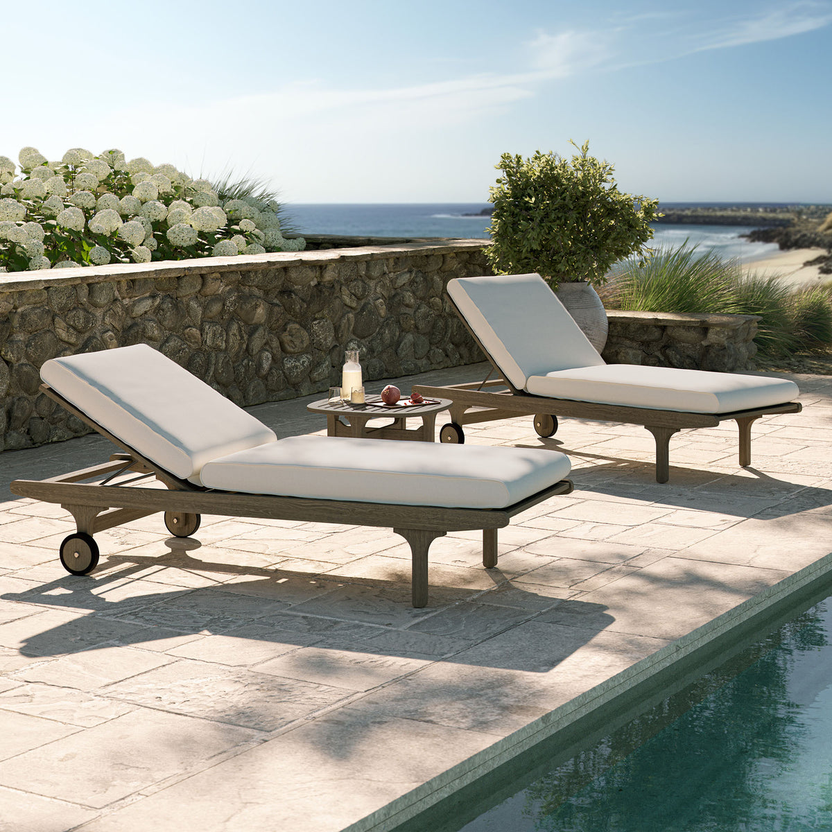 Saratoga Outdoor Patio Teak Wood 3-Piece Chaise Lounge Furniture Set - Weathered Gray White