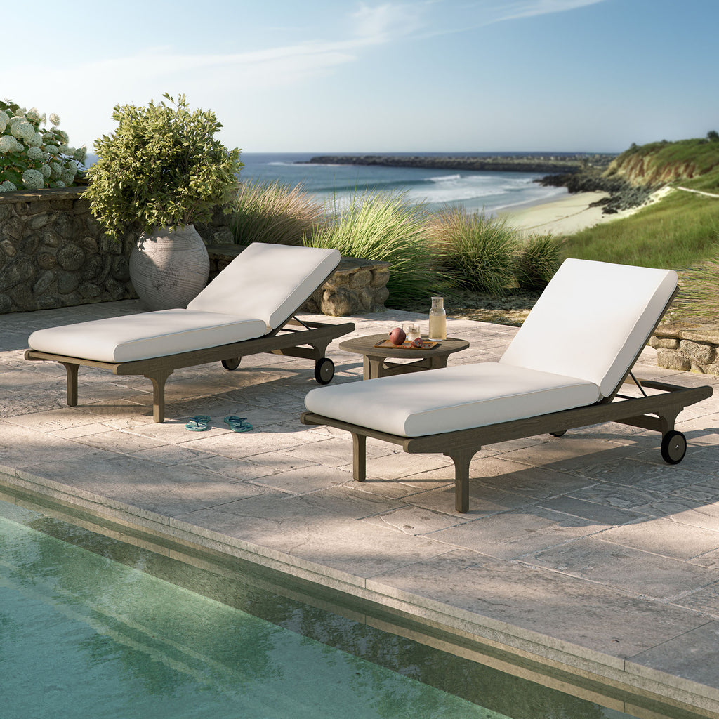 Saratoga Outdoor Patio Teak Wood 3-Piece Chaise Lounge Furniture Set - Weathered Gray White