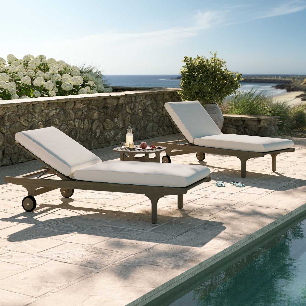 Saratoga Outdoor Patio Teak Wood 3-Piece Chaise Lounge Furniture Set - Weathered Gray White