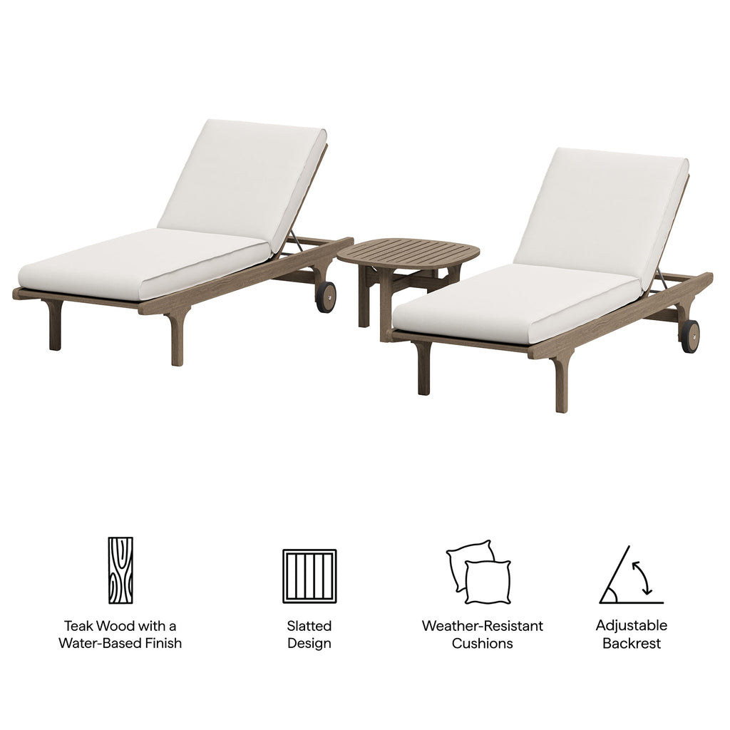 Saratoga Outdoor Patio Teak Wood 3-Piece Chaise Lounge Furniture Set - Weathered Gray White