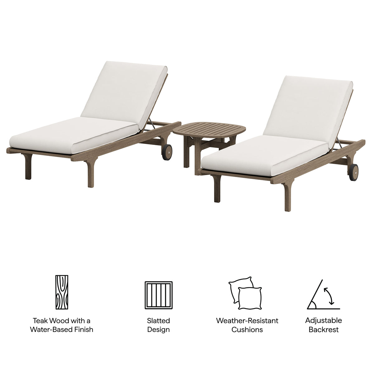 Saratoga Outdoor Patio Teak Wood 3-Piece Chaise Lounge Furniture Set - Weathered Gray White