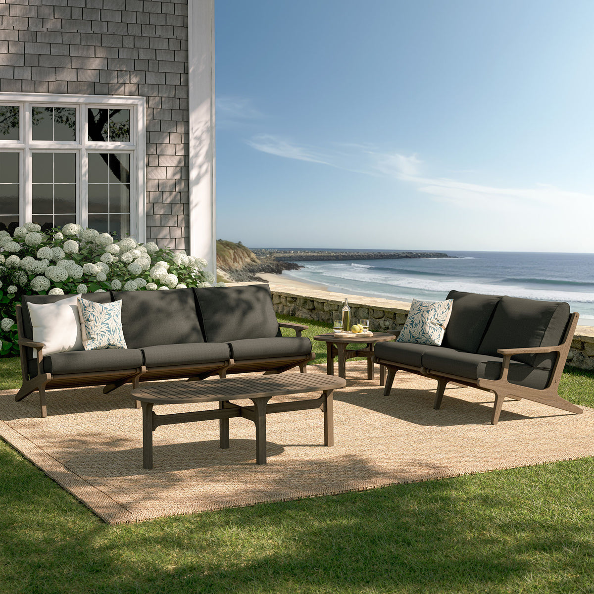 Saratoga 4-Piece Outdoor Patio Teak Wood Furniture Set - Weathered Gray Flint (Sofa, Loveseat, Coffee Table, Side Table)