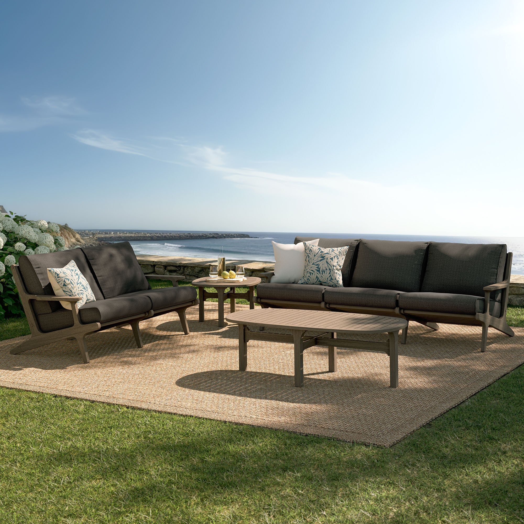 Saratoga 4-Piece Outdoor Patio Teak Wood Furniture Set - Weathered Gray Flint (Sofa, Loveseat, Coffee Table, Side Table)
