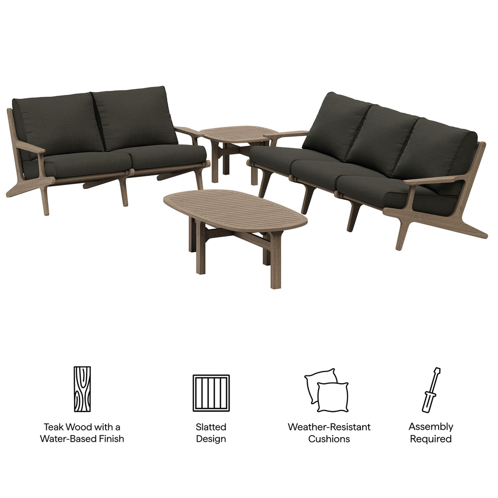 Saratoga 4-Piece Outdoor Patio Teak Wood Furniture Set - Weathered Gray Flint (Sofa, Loveseat, Coffee Table, Side Table)