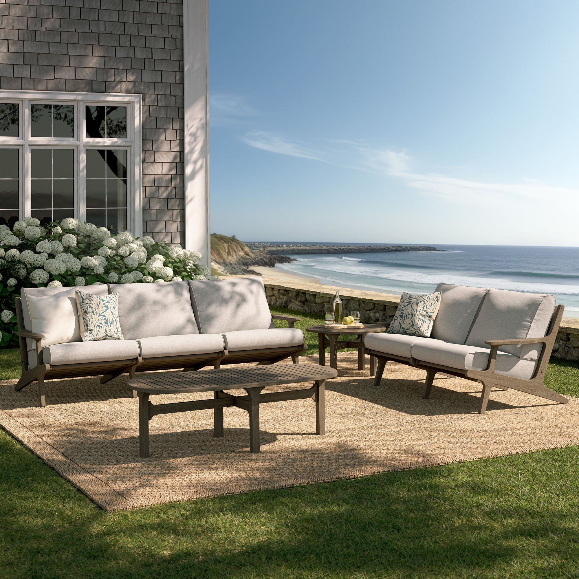 Saratoga 4-Piece Outdoor Patio Teak Wood Furniture Set - Weathered Gray Pebble (Sofa, Loveseat, Coffee Table, Side Table)