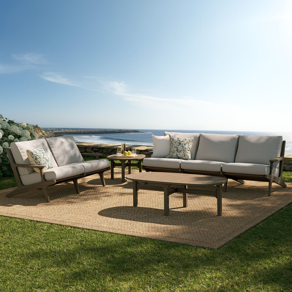 Saratoga 4-Piece Outdoor Patio Teak Wood Furniture Set - Weathered Gray Pebble (Sofa, Loveseat, Coffee Table, Side Table)