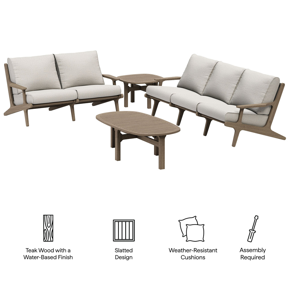 Saratoga 4-Piece Outdoor Patio Teak Wood Furniture Set - Weathered Gray Pebble (Sofa, Loveseat, Coffee Table, Side Table)