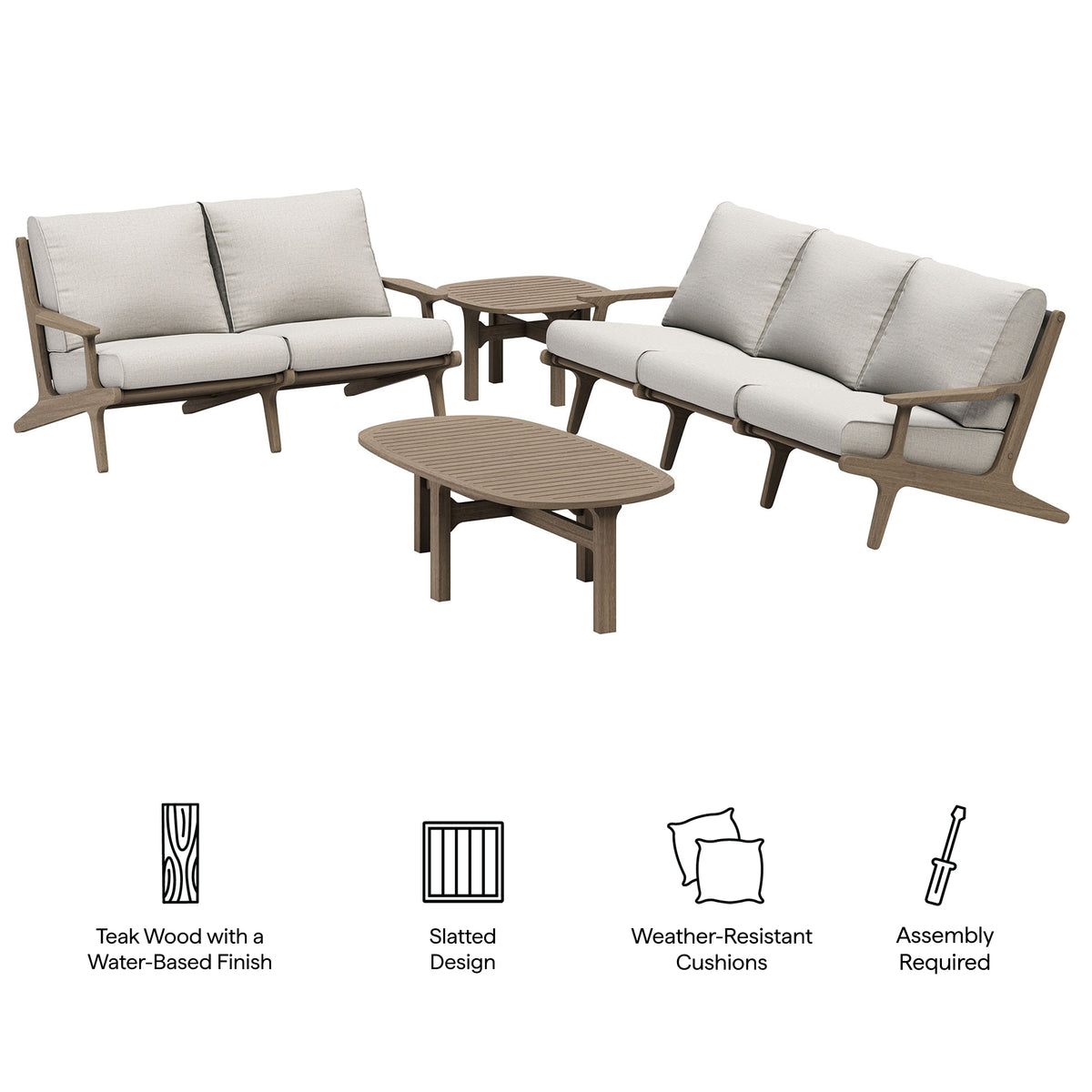 Saratoga 4-Piece Outdoor Patio Teak Wood Furniture Set - Weathered Gray Pebble (Sofa, Loveseat, Coffee Table, Side Table)