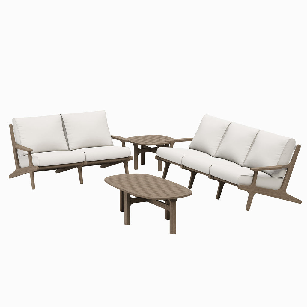 Saratoga 4-Piece Outdoor Patio Teak Wood Furniture Set - Weathered Gray White (Sofa, Loveseat, Coffee Table, Side Table)