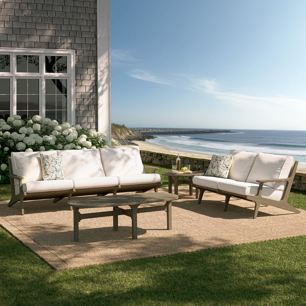 Saratoga 4-Piece Outdoor Patio Teak Wood Furniture Set - Weathered Gray White (Sofa, Loveseat, Coffee Table, Side Table)