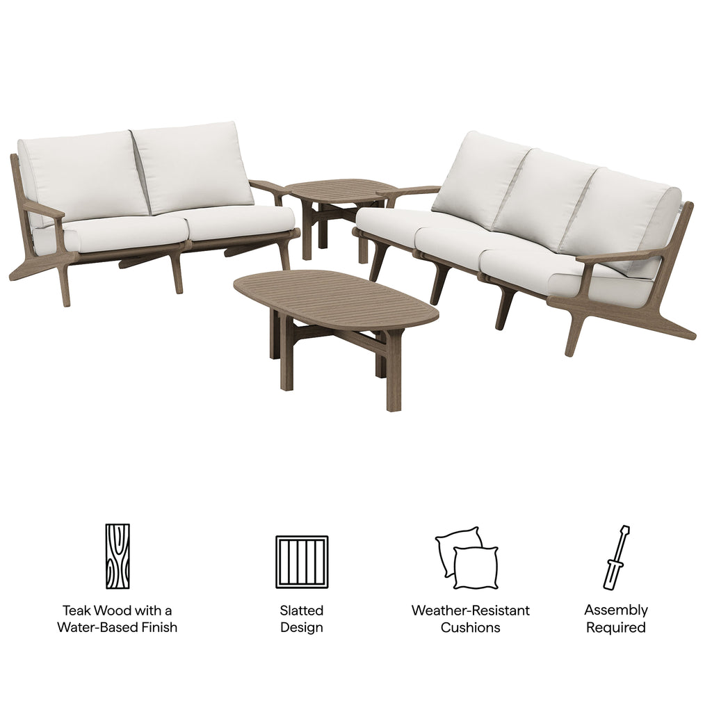 Saratoga 4-Piece Outdoor Patio Teak Wood Furniture Set - Weathered Gray White (Sofa, Loveseat, Coffee Table, Side Table)