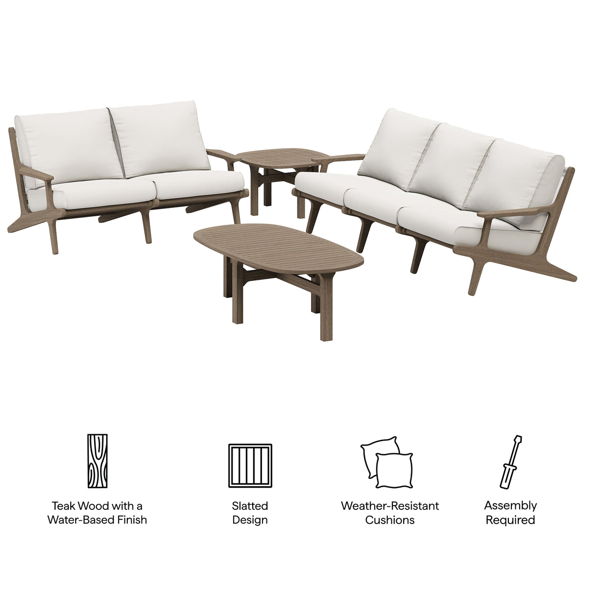 Saratoga 4-Piece Outdoor Patio Teak Wood Furniture Set - Weathered Gray White (Sofa, Loveseat, Coffee Table, Side Table)