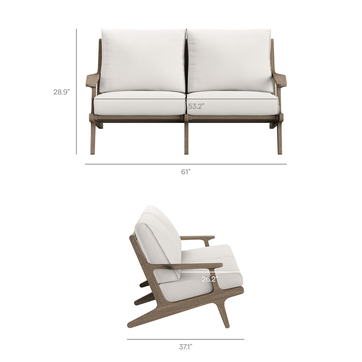 Saratoga 4-Piece Outdoor Patio Teak Wood Furniture Set - Weathered Gray White (Sofa, Loveseat, Coffee Table, Side Table)