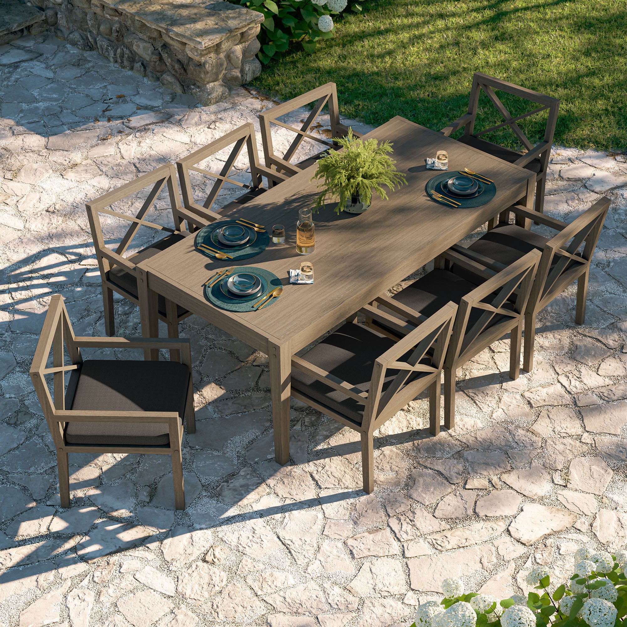 Northlake 9-Piece Outdoor Patio Teak Wood Dining Set - Weathered Gray Flint