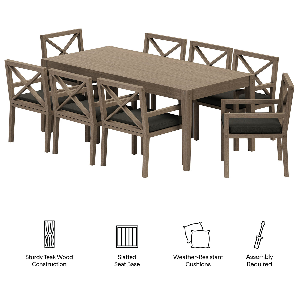 Northlake 9-Piece Outdoor Patio Teak Wood Dining Set - Weathered Gray Flint