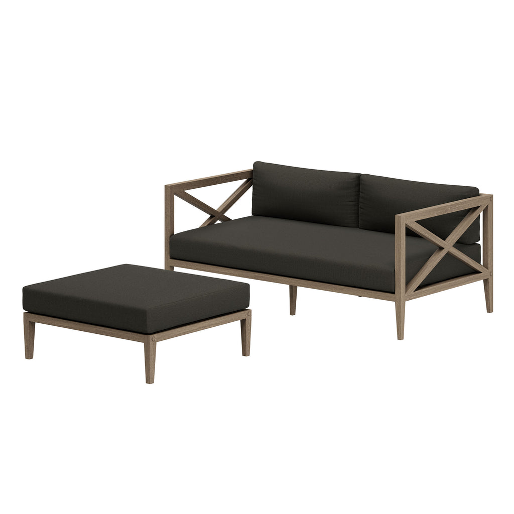 Northlake Outdoor Patio Teak Wood Loveseat and Ottoman Set - Weathered Gray Flint