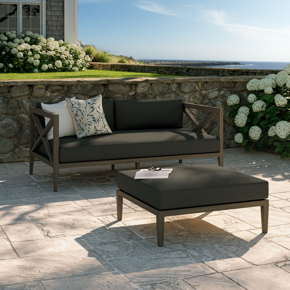 Northlake Outdoor Patio Teak Wood Loveseat and Ottoman Set - Weathered Gray Flint