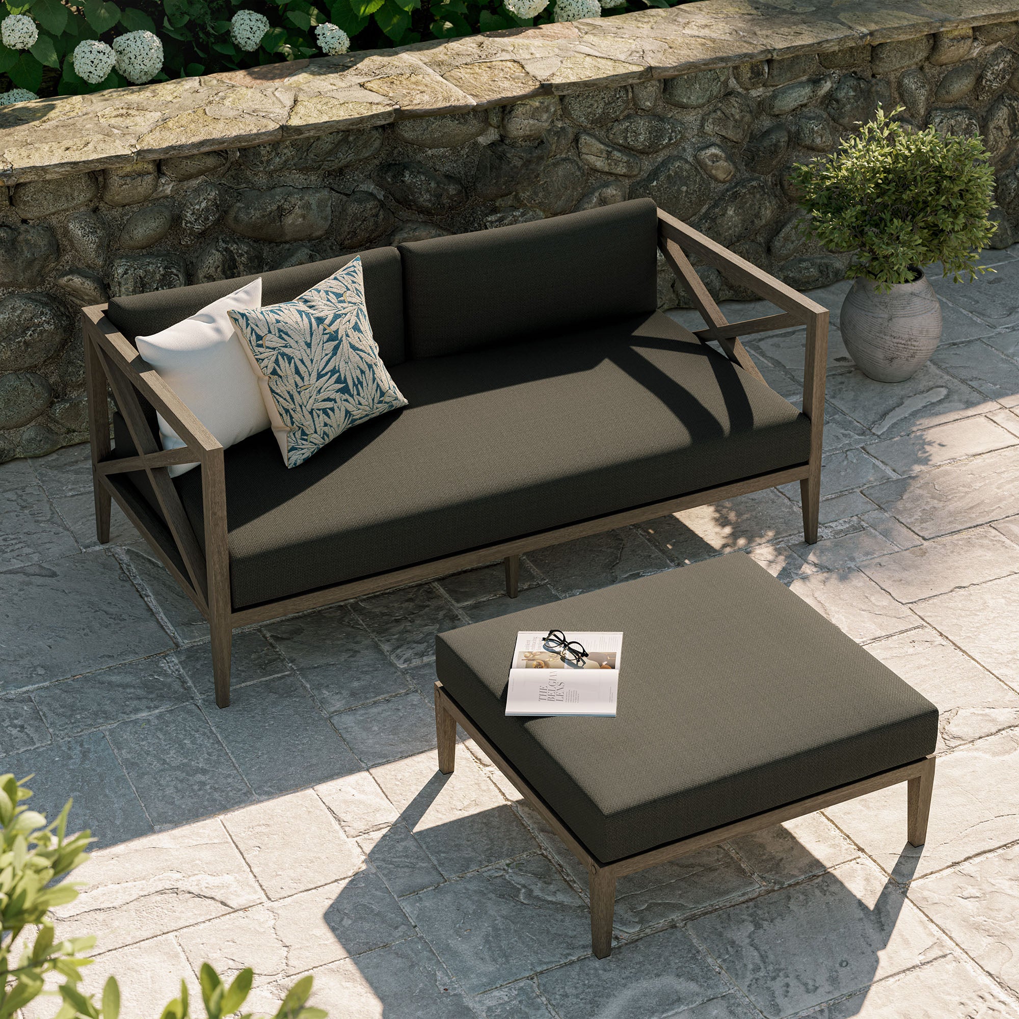 Northlake Outdoor Patio Teak Wood Loveseat and Ottoman Set - Weathered Gray Flint