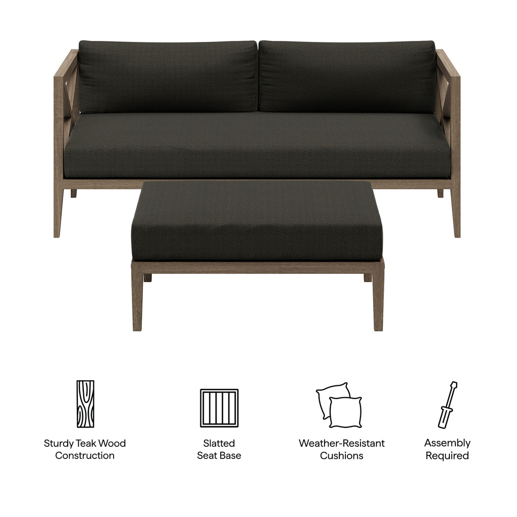 Northlake Outdoor Patio Teak Wood Loveseat and Ottoman Set - Weathered Gray Flint