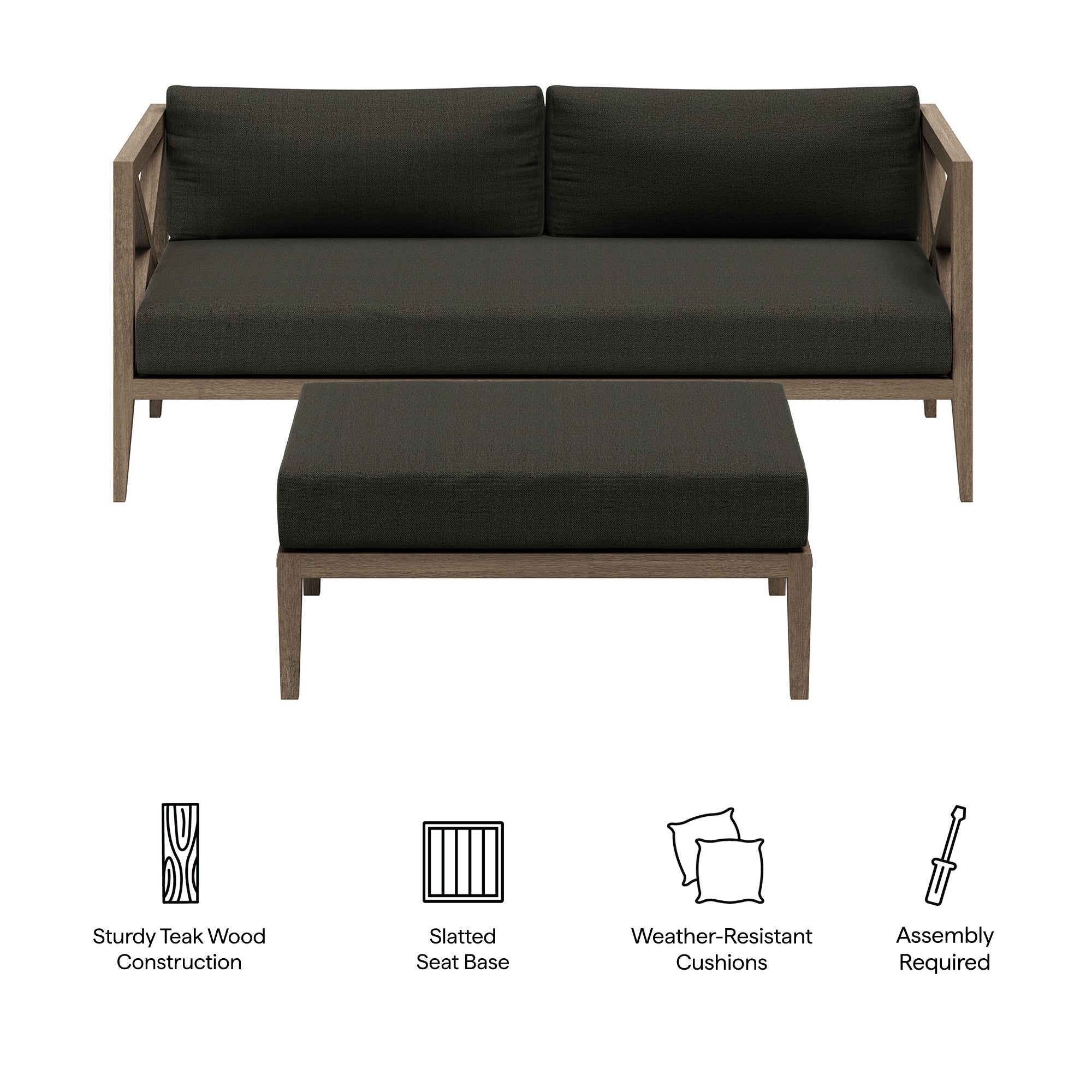 Northlake Outdoor Patio Teak Wood Loveseat and Ottoman Set - Weathered Gray Flint