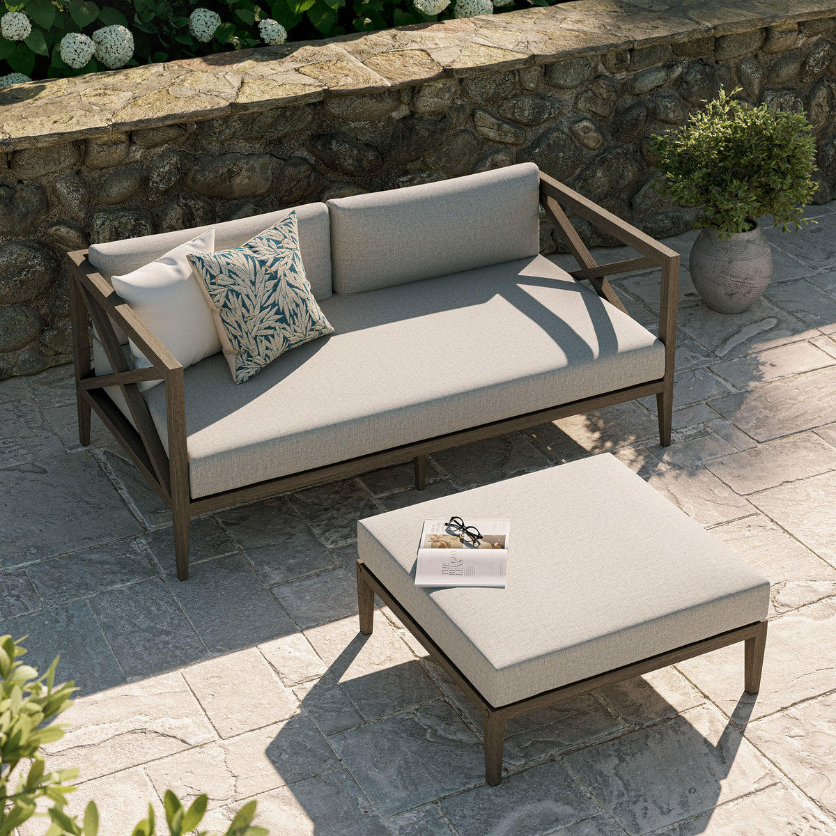 Northlake Outdoor Patio Teak Wood Loveseat and Ottoman Set - Weathered Gray Pebble